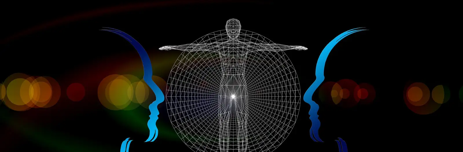 Ein gerasterter Mensch und zwei Gesichter als Symbol für Psychologie