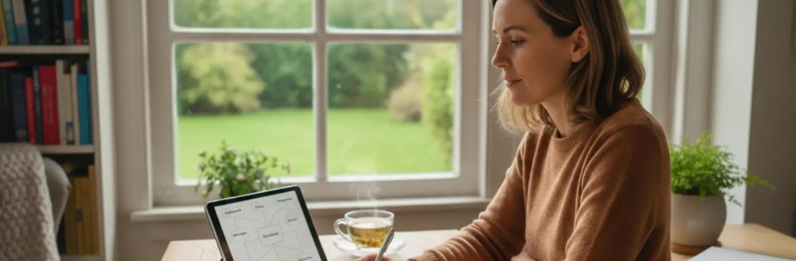 Eine Frau lernt am Tablet bei einer Tasse Tee für die Heilpraktikerprüfung für Psychotherapie